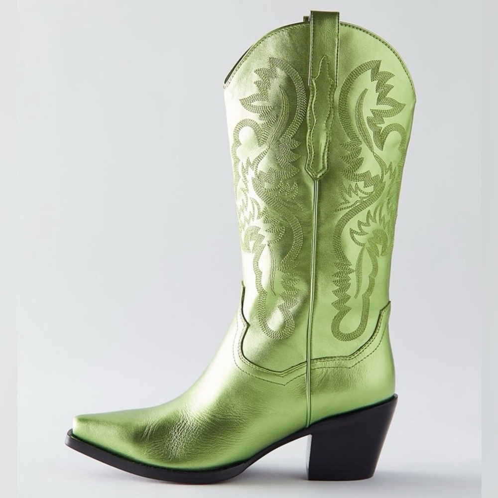 Jeffrey Campbell Dagget Cowboy Boots - Green Metallic Western Leather Boots